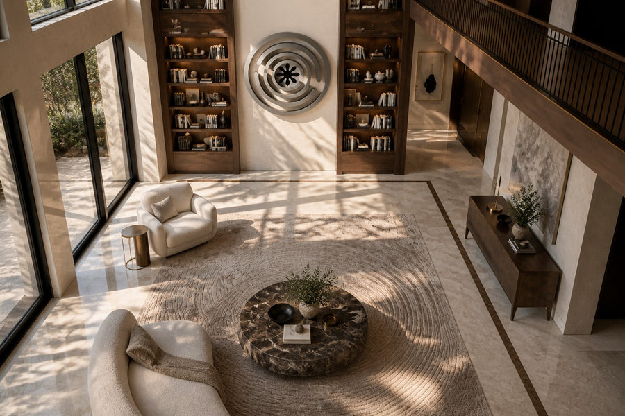 Meandro — Ø 200 cm brushed stainless steel circular wall relief with a labyrinth of arcs, seen from above in the room