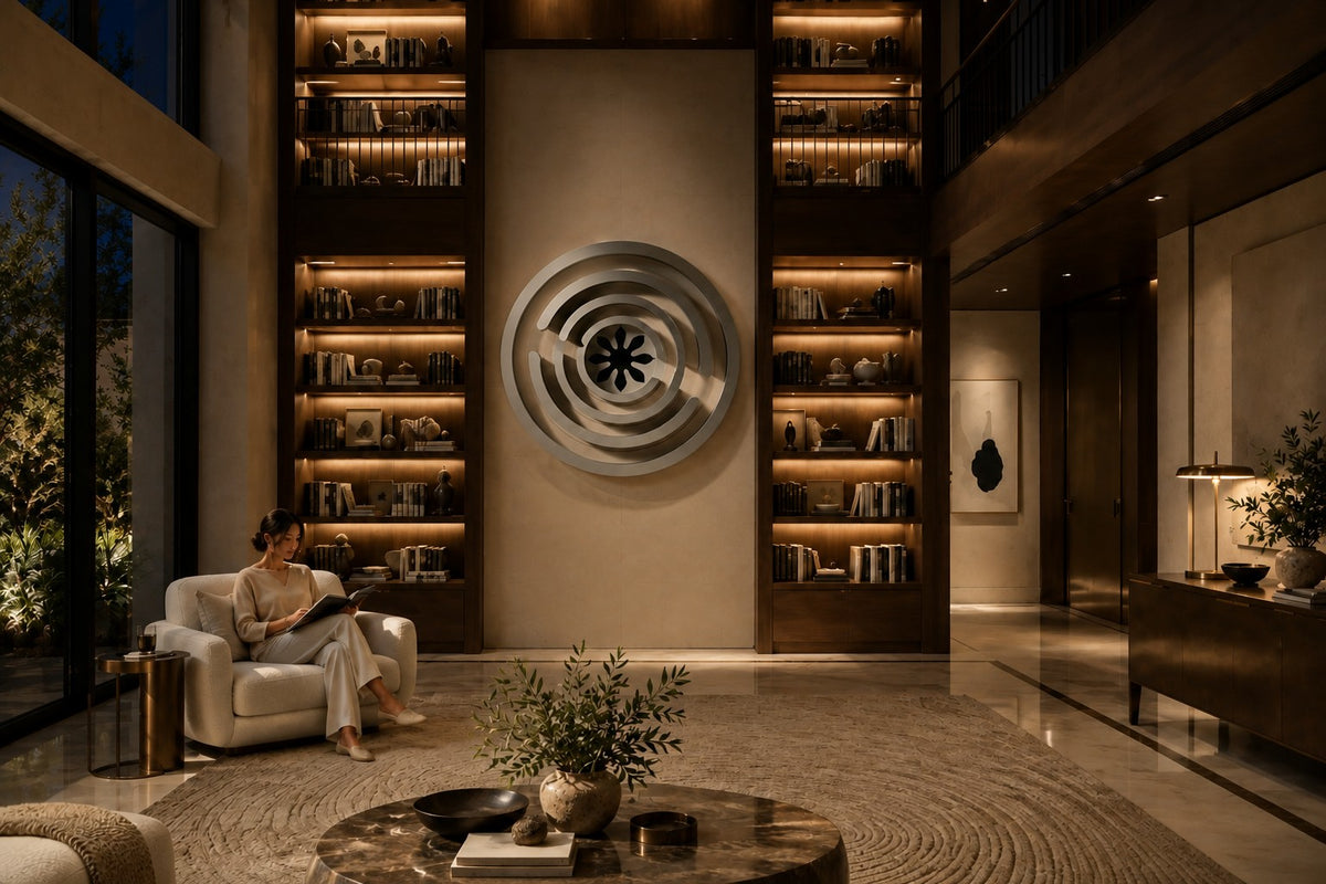 Meandro — Ø 200 cm brushed stainless steel circular wall relief with a labyrinth of arcs, the same room at night, lamps on