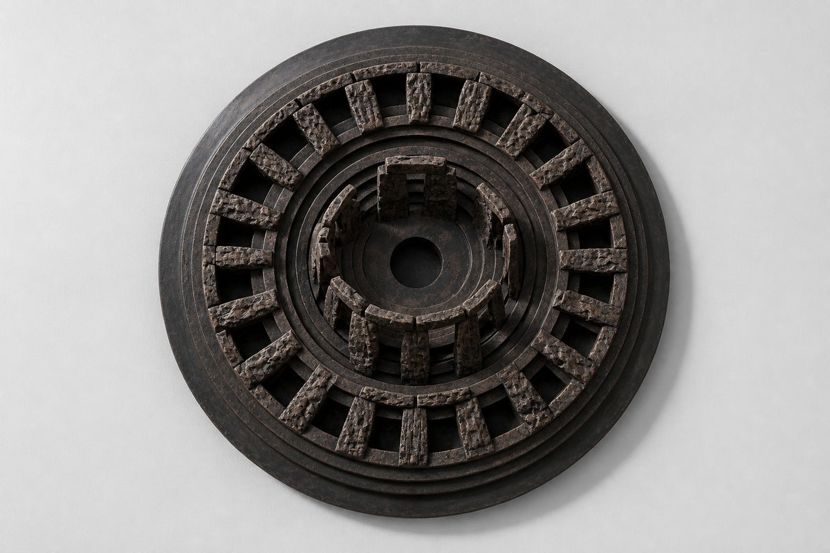Menhir — Ø 200 cm dark patinated bronze circular wall relief of a stone circle, studio front view