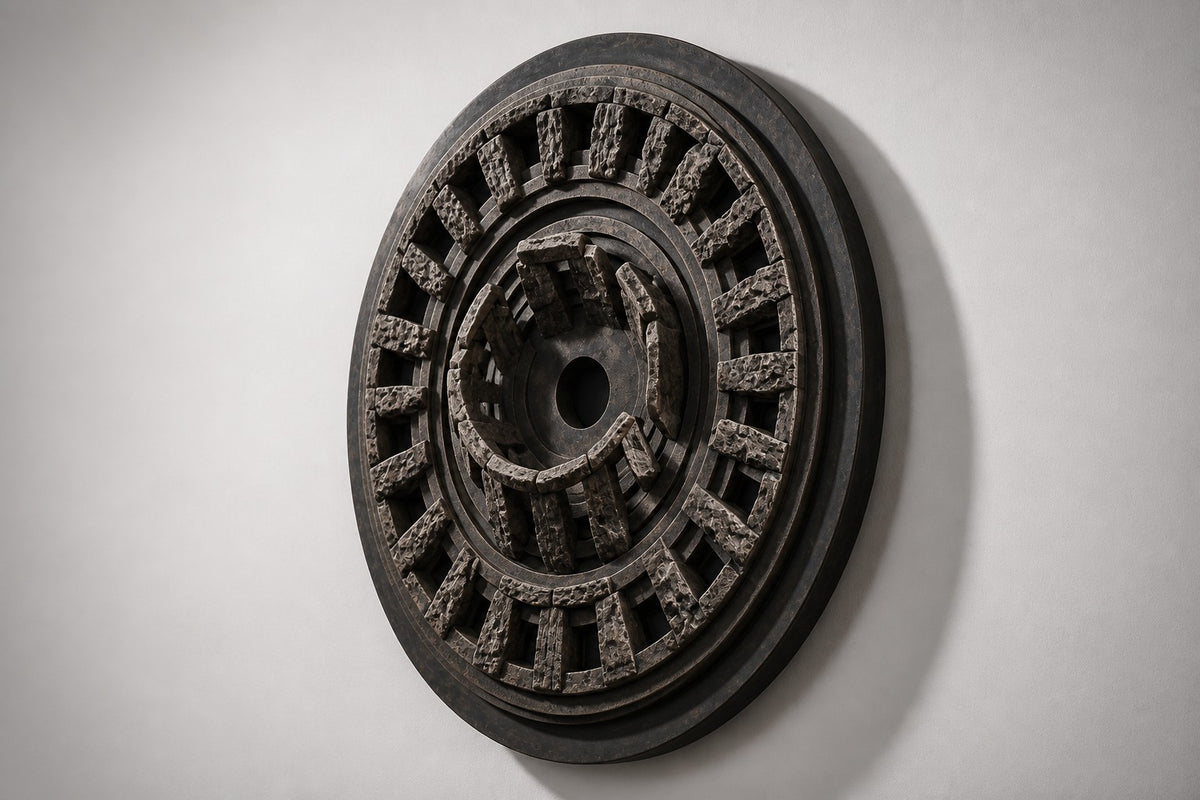 Menhir — Ø 200 cm dark patinated bronze circular wall relief of a stone circle, studio side angle showing its depth