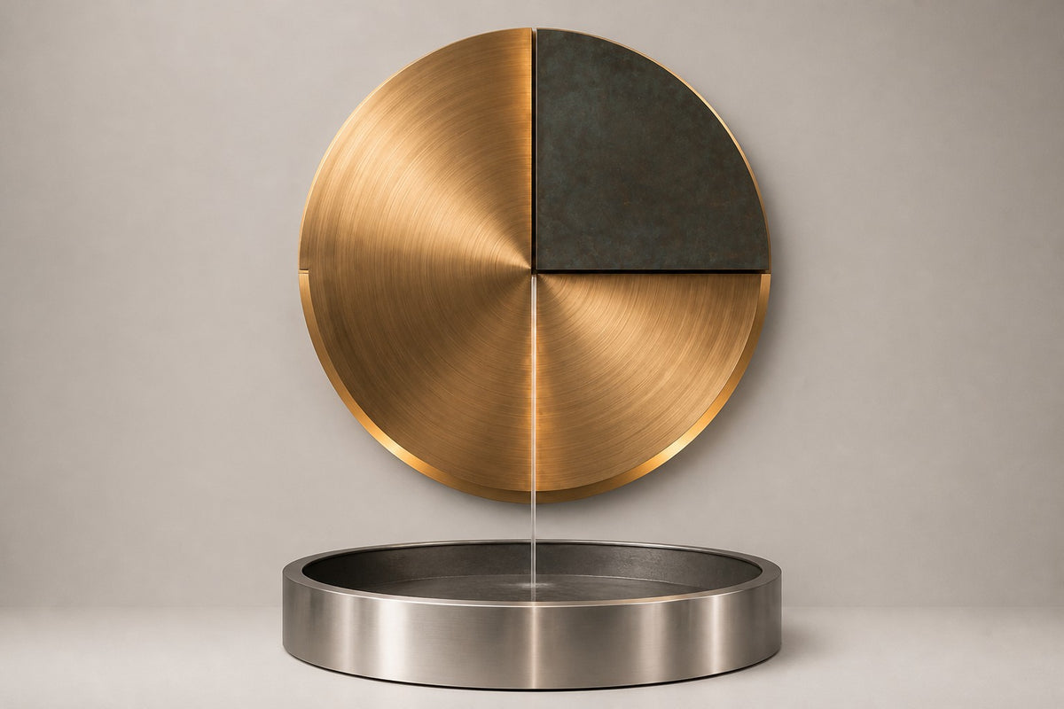 Meridian — Ø 120 cm bronze-tone disc wall fountain, studio front view