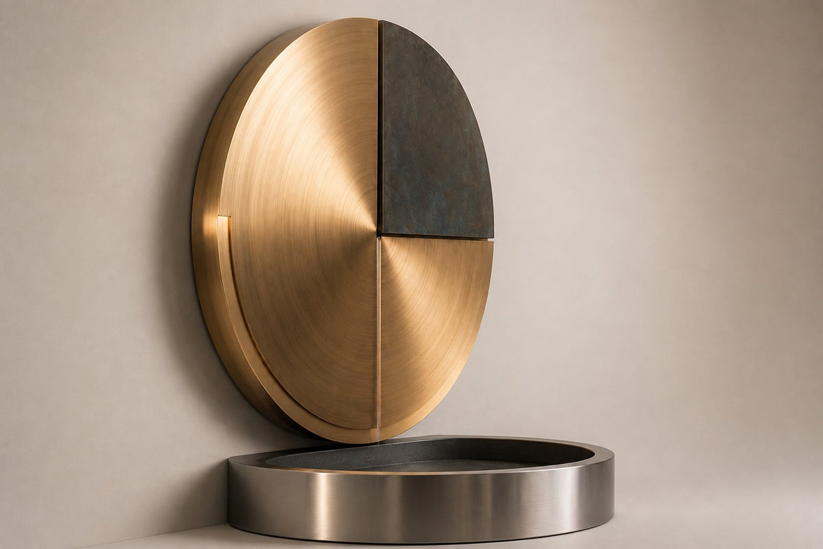 Meridian — Ø 120 cm bronze-tone disc wall fountain, studio side angle showing its depth