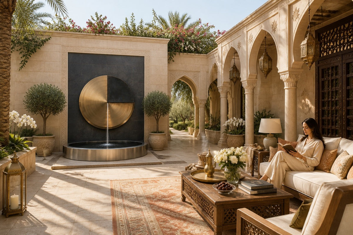 Meridian — Ø 120 cm bronze-tone disc wall fountain, installed on the wall in a furnished setting