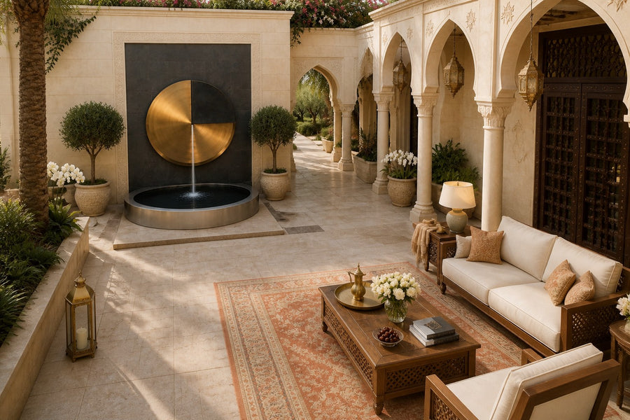Meridian — Ø 120 cm bronze-tone disc wall fountain, seen from above in the setting