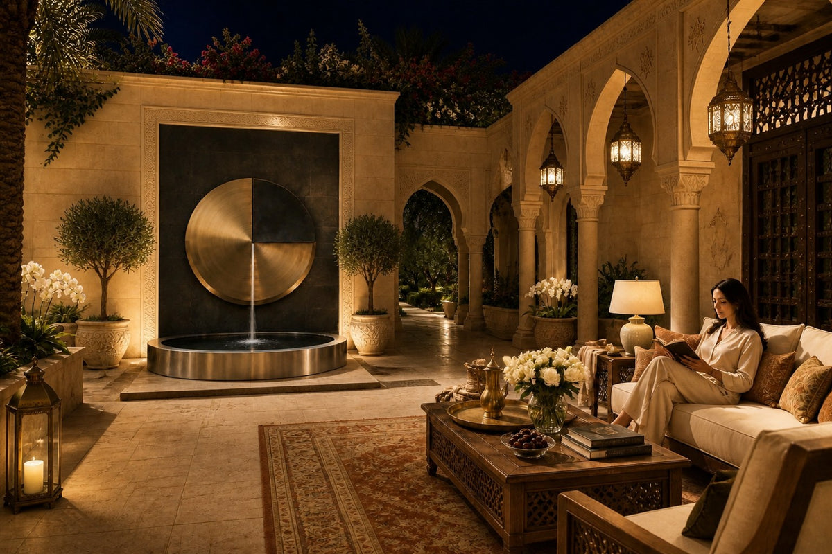 Meridian — Ø 120 cm bronze-tone disc wall fountain, the same setting at night, water lit