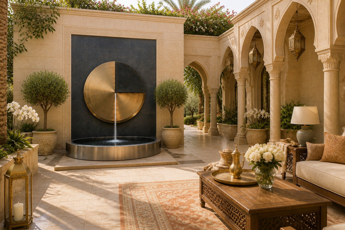 Meridian — Ø 120 cm bronze-tone disc wall fountain, close view on the wall with water running