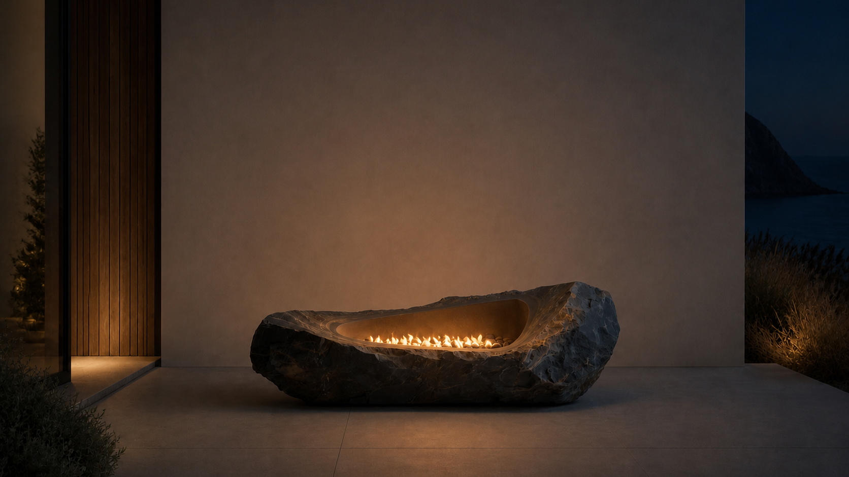 Petrena riven grey stone fireplace by 1-OPH lit at night