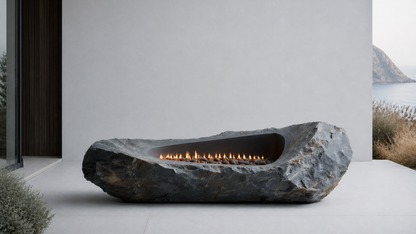 Petrena riven grey stone fireplace by 1-OPH close detail of the lit burner