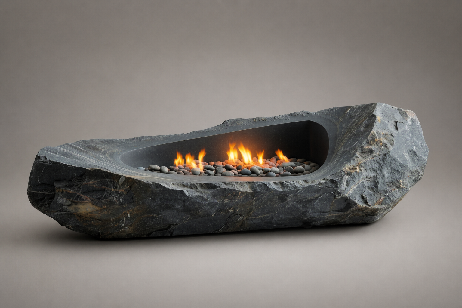 Petrena riven grey stone fireplace by 1-OPH studio view