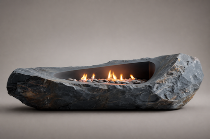 Petrena riven grey stone fireplace by 1-OPH side elevation