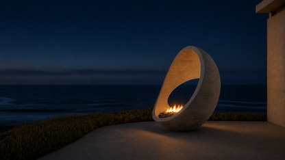 Aurera limestone fireplace by 1-OPH lit at night