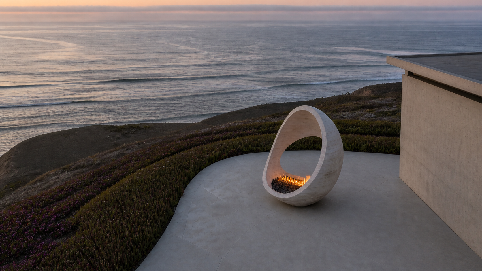 Aurera limestone fireplace by 1-OPH seen from above