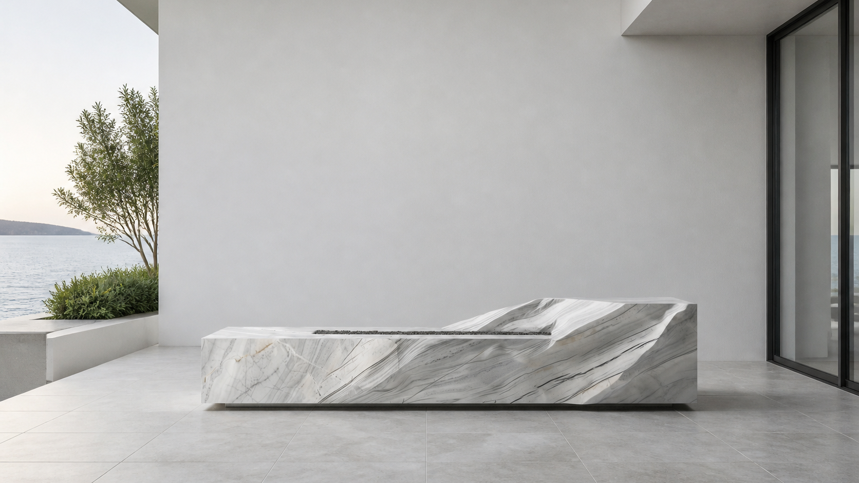 Solstice volakas marble fireplace by 1-OPH in a Dubai terrace setting