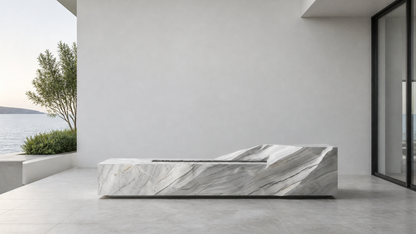 Solstice volakas marble fireplace by 1-OPH in a Dubai terrace setting