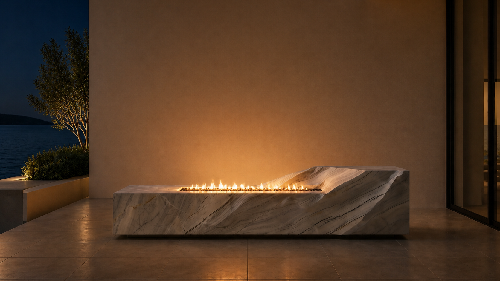 Solstice volakas marble fireplace by 1-OPH lit at night
