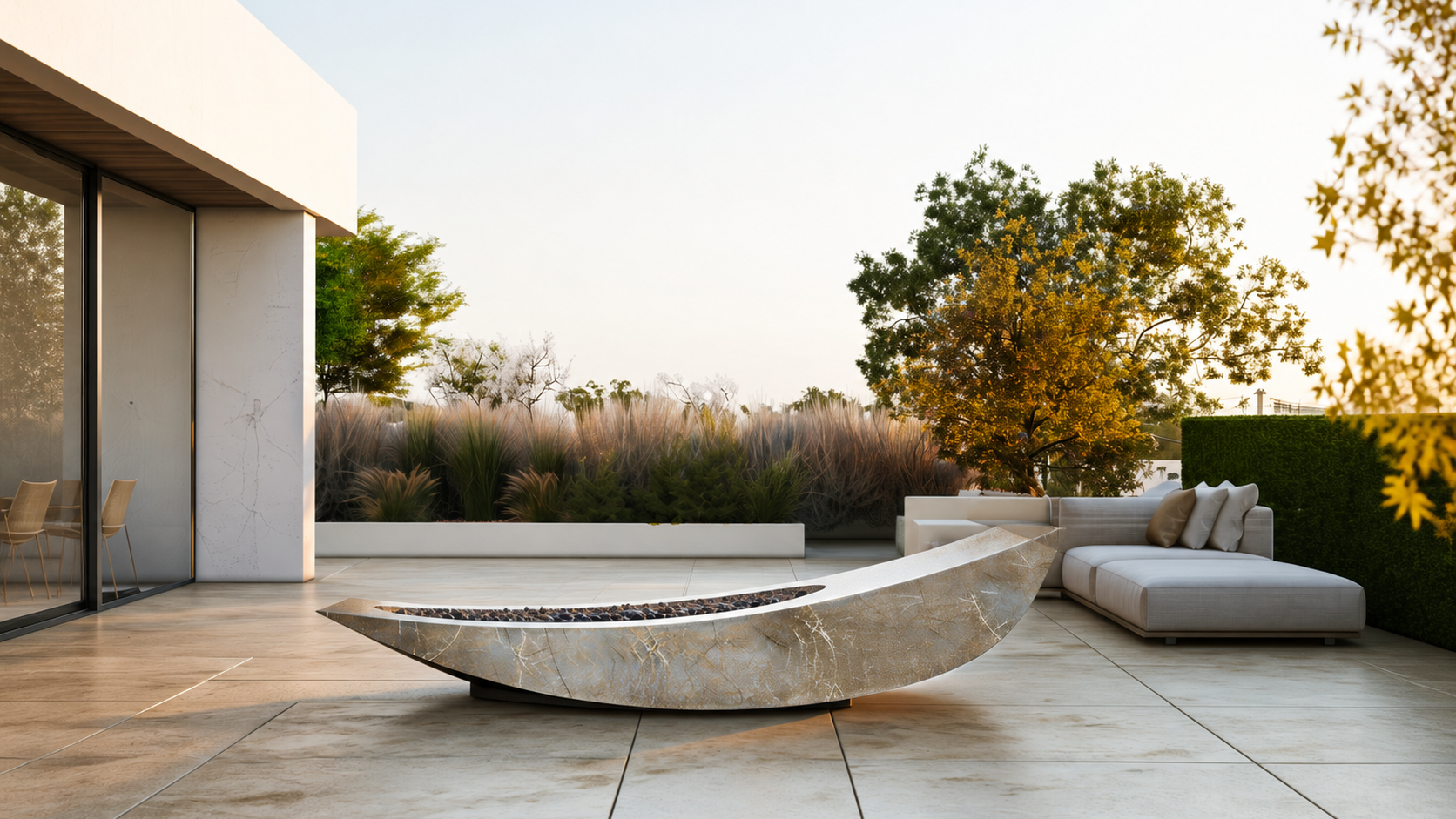 Velara champagne marble fireplace by 1-OPH in a Dubai terrace setting