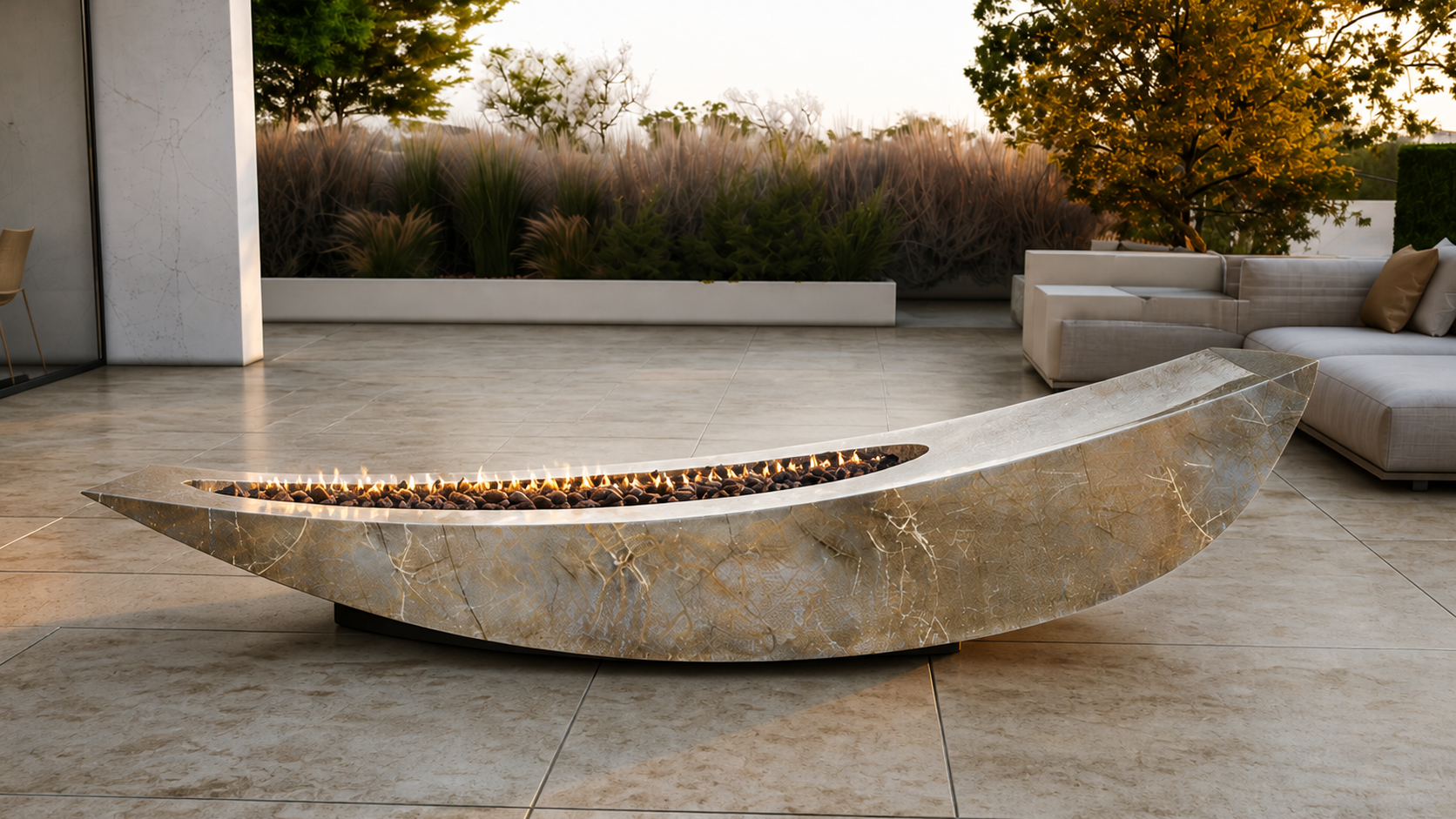 Velara champagne marble fireplace by 1-OPH close detail of the lit burner