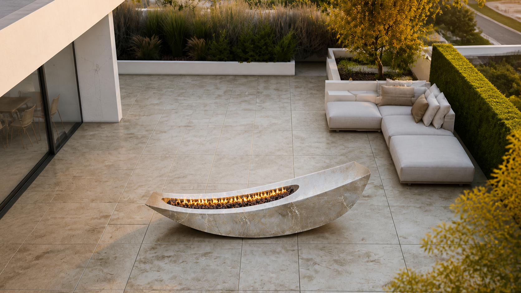 Velara champagne marble fireplace by 1-OPH seen from above