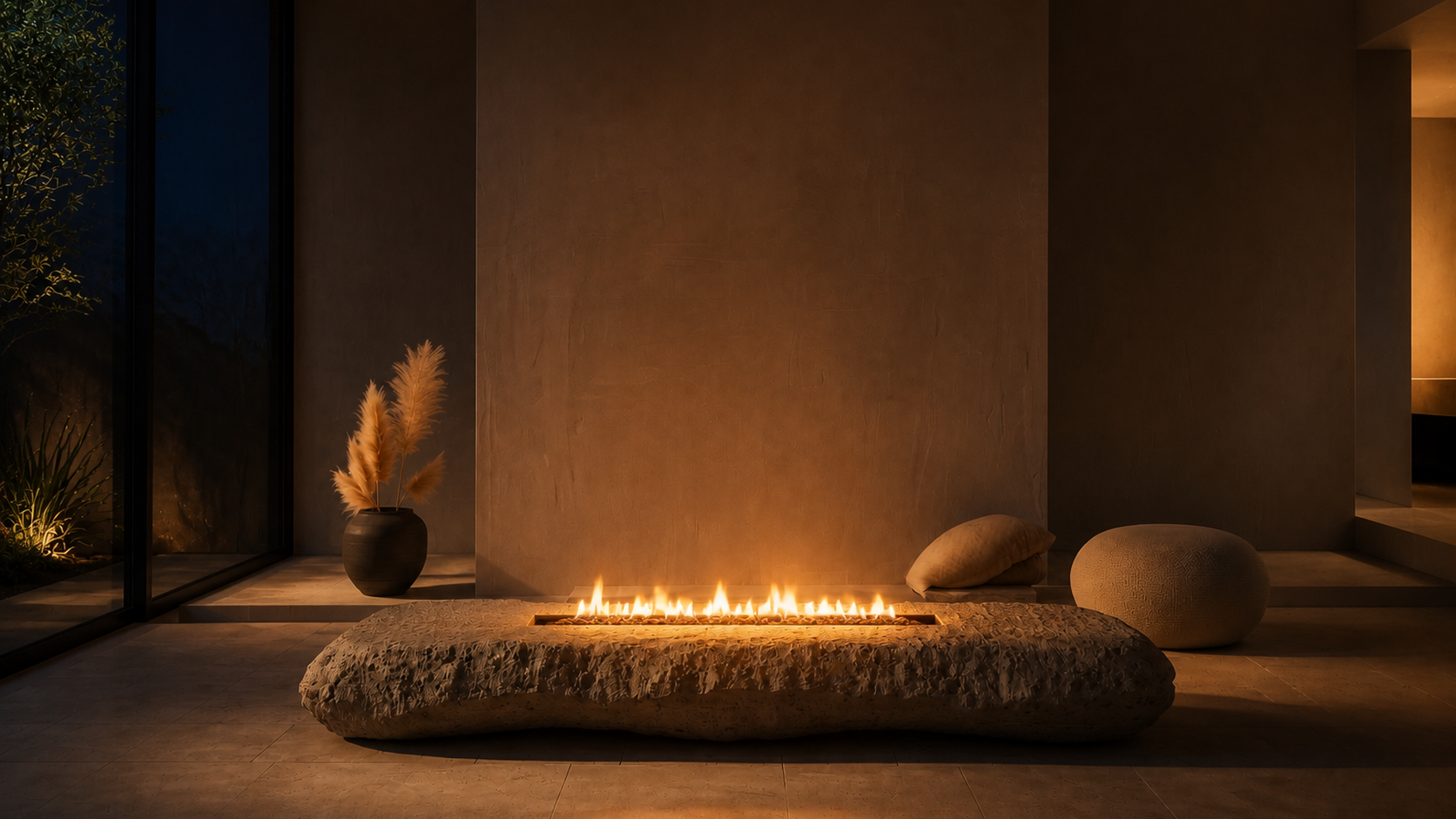 Tufara limestone fireplace by 1-OPH lit at night