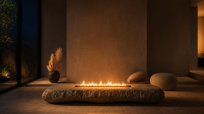 Tufara limestone fireplace by 1-OPH lit at night