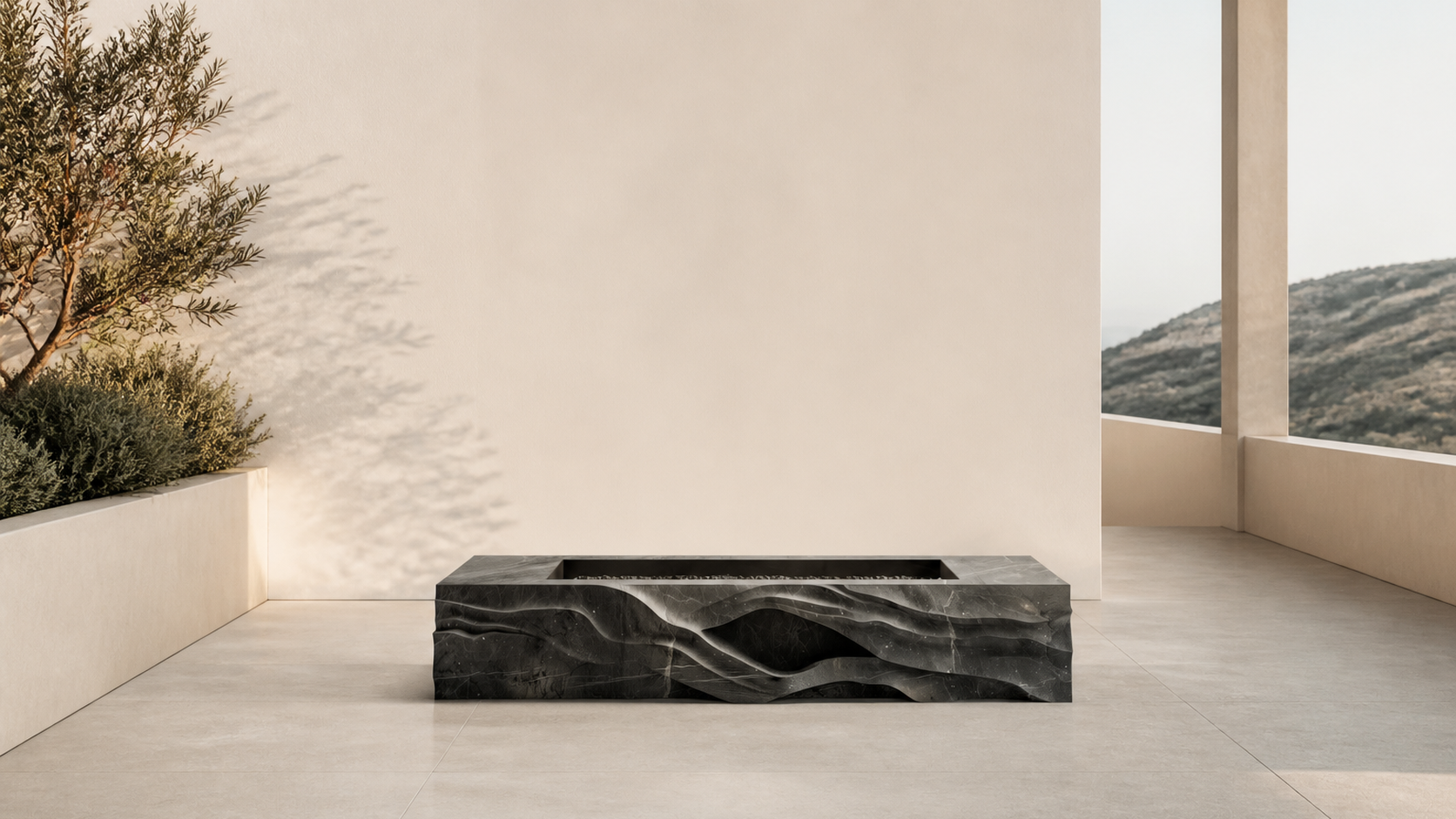 Ombria pietra grey marble fireplace by 1-OPH in a Dubai terrace setting
