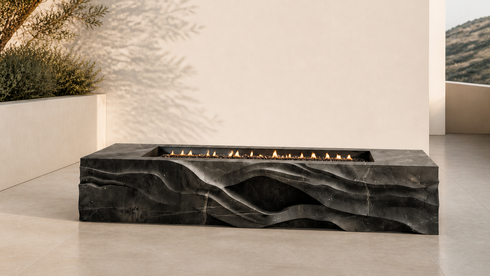 Ombria pietra grey marble fireplace by 1-OPH close detail of the lit burner