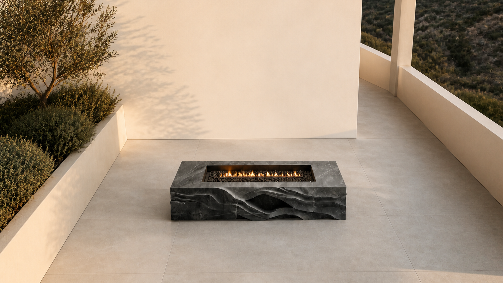 Ombria pietra grey marble fireplace by 1-OPH seen from above