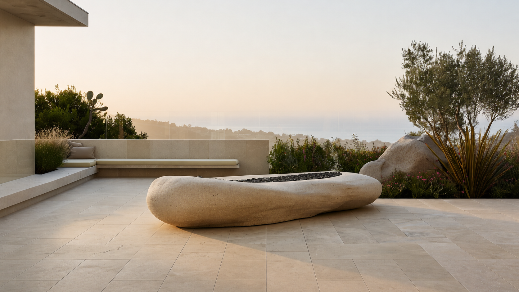 Cenera beige stone fireplace by 1-OPH in a Dubai terrace setting