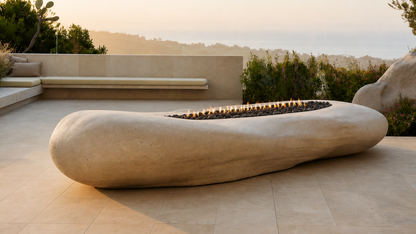 Cenera beige stone fireplace by 1-OPH close detail of the lit burner