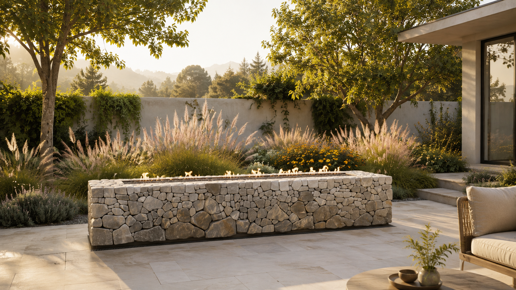 Focara dry-laid stone fireplace by 1-OPH in a Dubai terrace setting