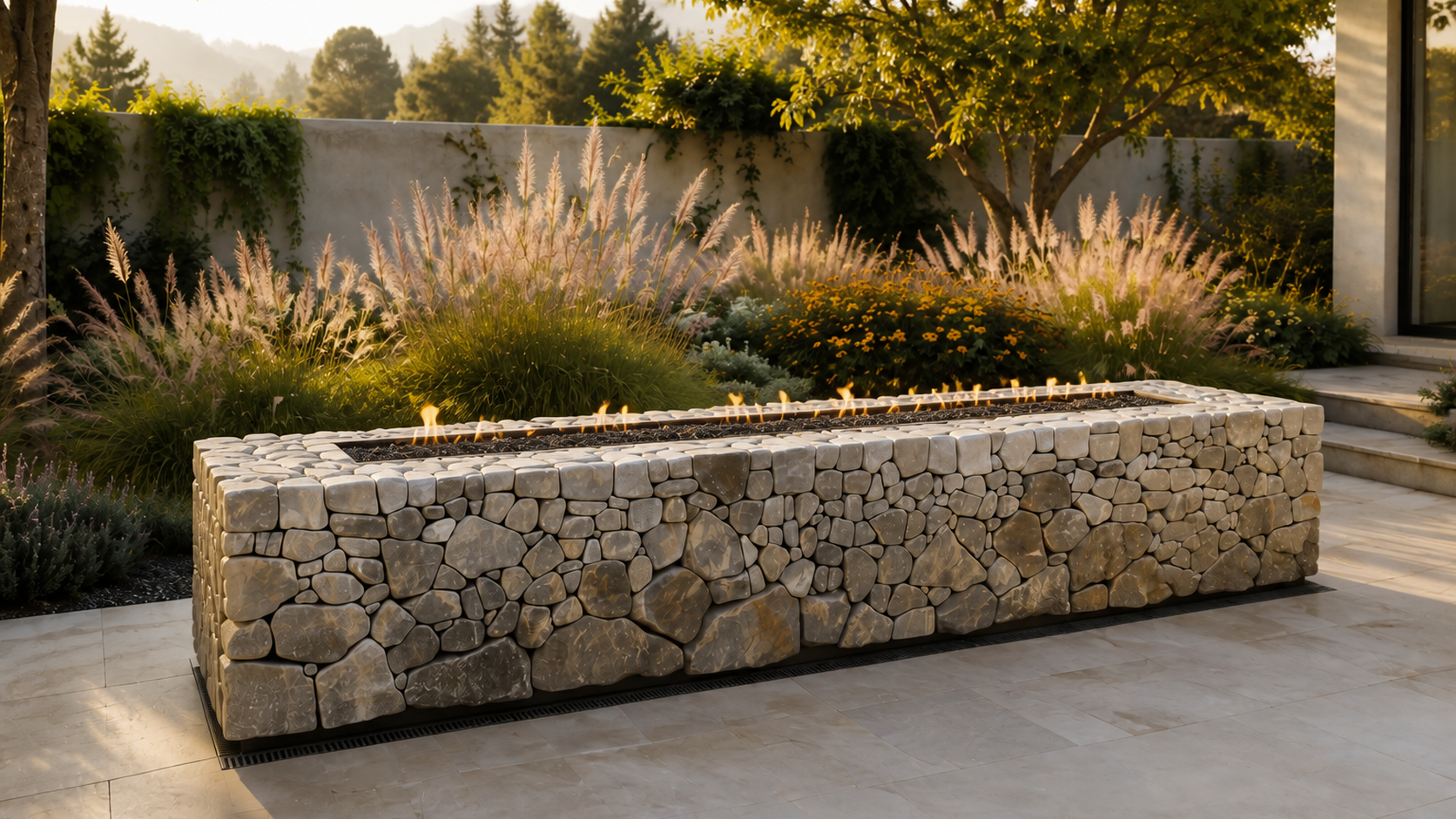 Focara dry-laid stone fireplace by 1-OPH close detail of the lit burner