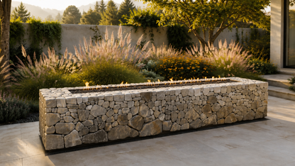 Focara dry-laid stone fireplace by 1-OPH close detail of the lit burner
