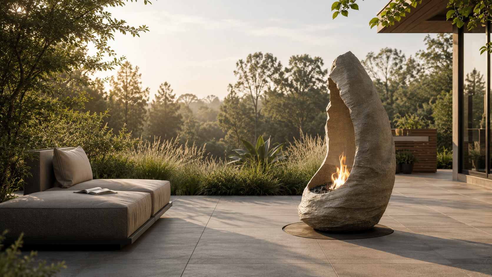 Ardora limestone fireplace by 1-OPH in a Dubai terrace setting
