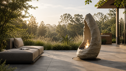 Ardora limestone fireplace by 1-OPH in a Dubai terrace setting