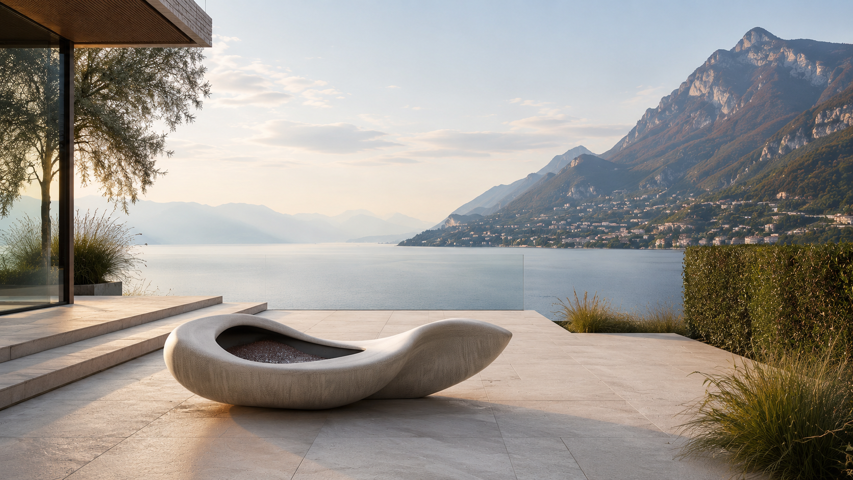 Avorra cream marble fireplace by 1-OPH in a Dubai terrace setting