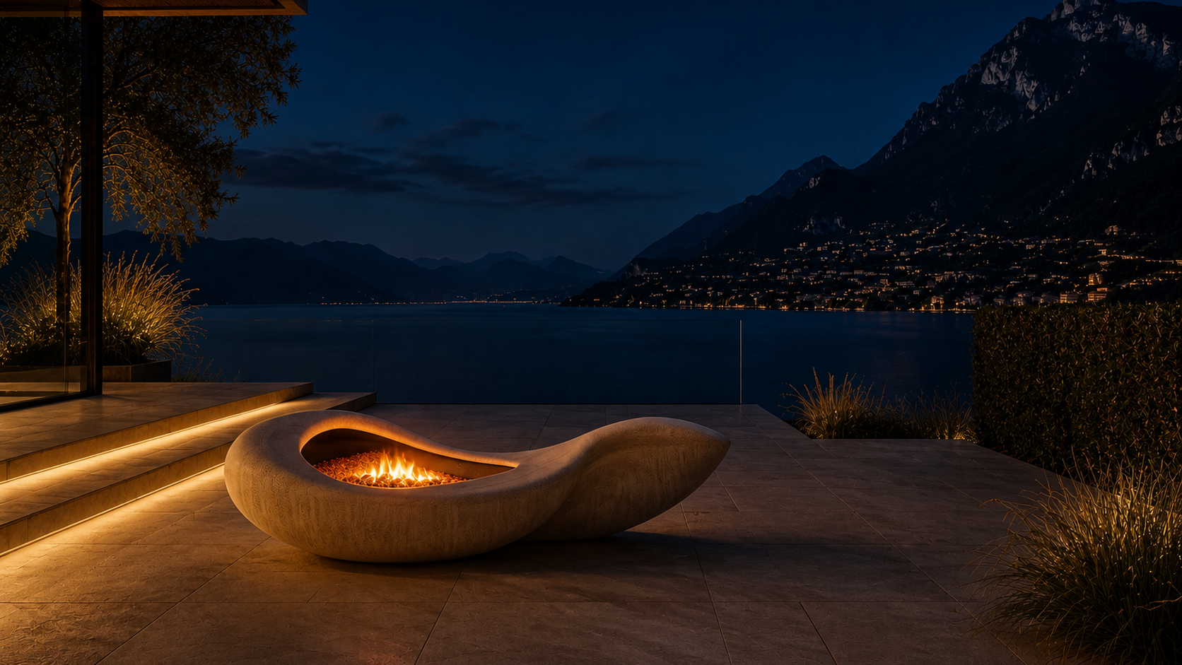 Avorra cream marble fireplace by 1-OPH lit at night