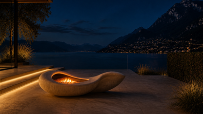 Avorra cream marble fireplace by 1-OPH lit at night