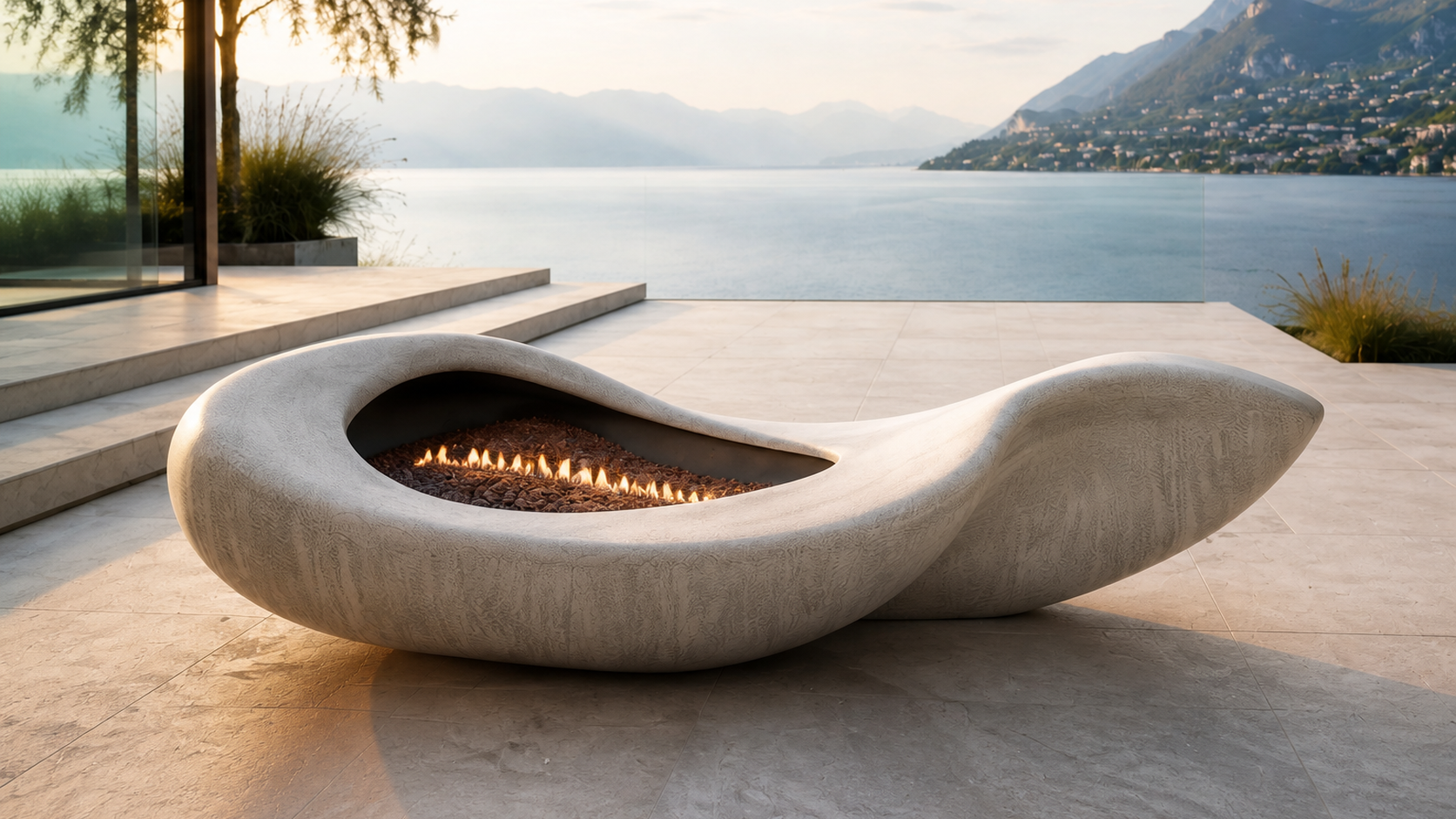 Avorra cream marble fireplace by 1-OPH close detail of the lit burner