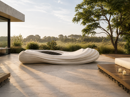 Stratena white marble fireplace by 1-OPH in a Dubai terrace setting