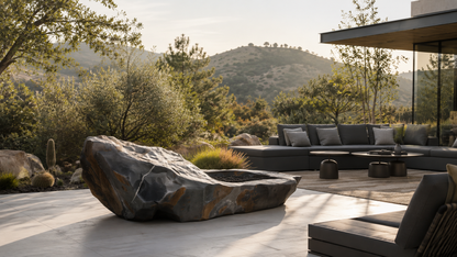 Basara dark stone fireplace by 1-OPH in a Dubai terrace setting
