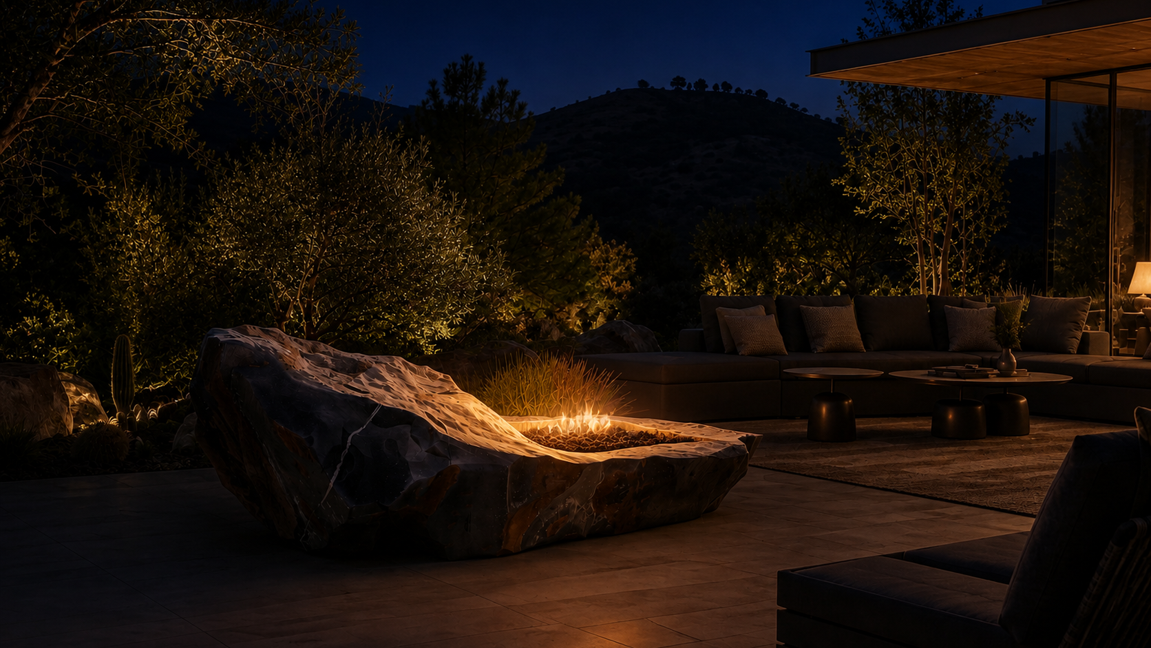 Basara dark stone fireplace by 1-OPH lit at night