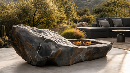 Basara dark stone fireplace by 1-OPH close detail of the lit burner