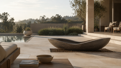 Cendra bronze-grey stone fireplace by 1-OPH in a Dubai terrace setting