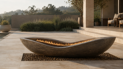 Cendra bronze-grey stone fireplace by 1-OPH close detail of the lit burner