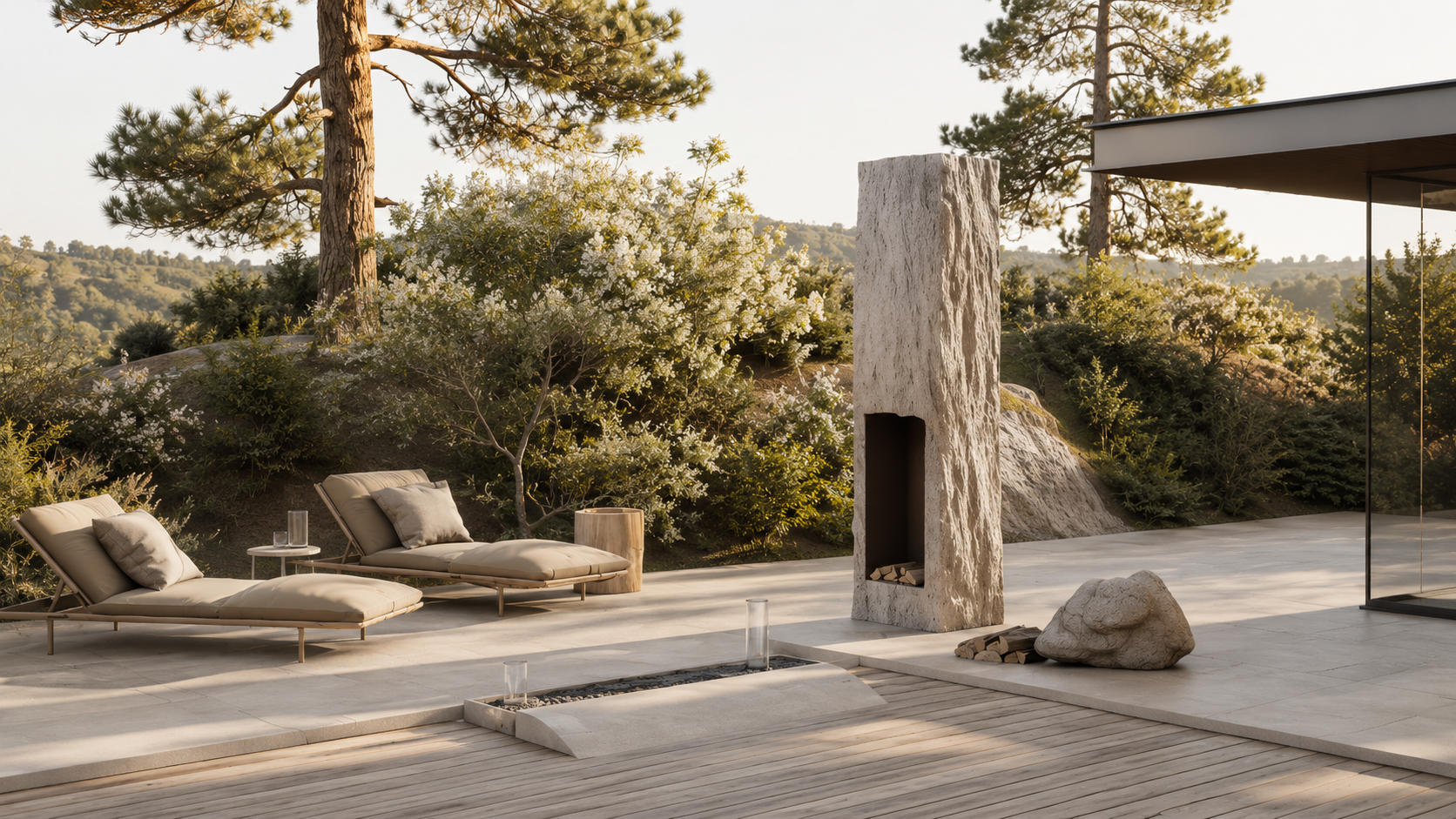 Menira white stone fireplace by 1-OPH in a Dubai terrace setting