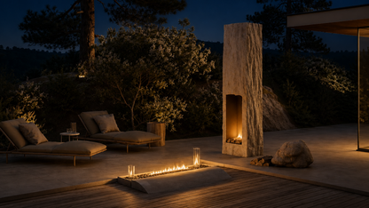 Menira white stone fireplace by 1-OPH lit at night