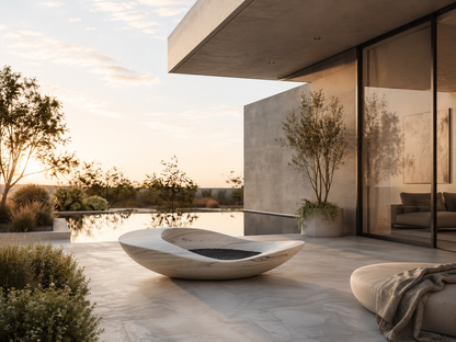 Perlata white marble fireplace by 1-OPH in a Dubai terrace setting