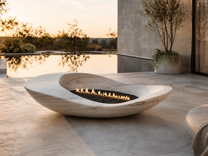 Perlata white marble fireplace by 1-OPH close detail of the lit burner