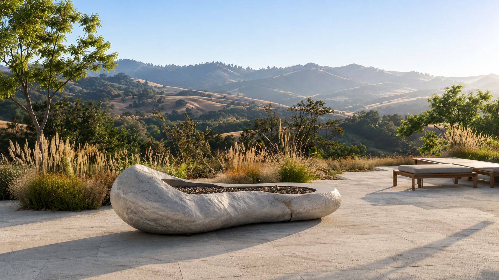 Lunara white stone fireplace by 1-OPH in a Dubai terrace setting