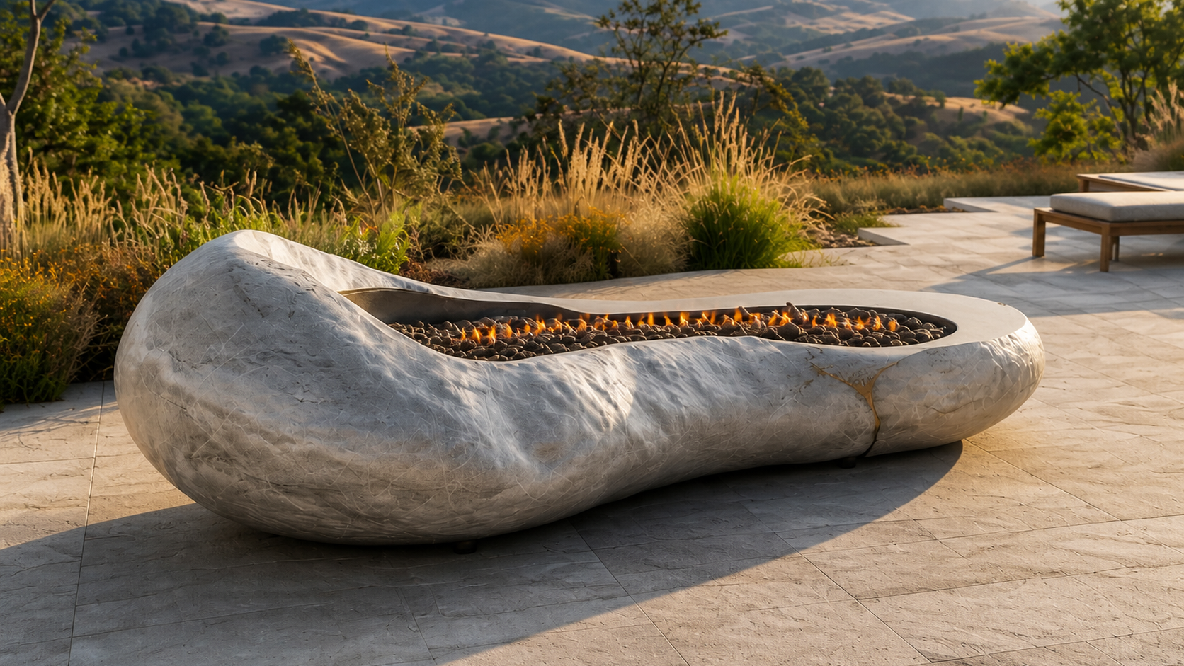 Lunara white stone fireplace by 1-OPH close detail of the lit burner